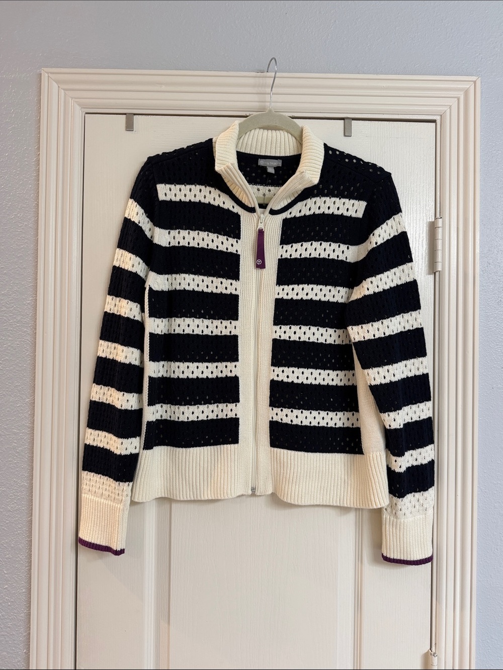 Talbots Striped Zip-Front Cardigan Indigo/Ivory